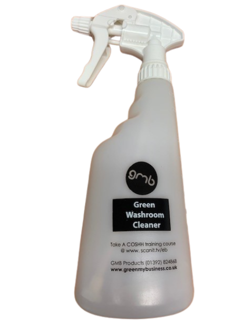 Green washroom cleaner trigger bottle